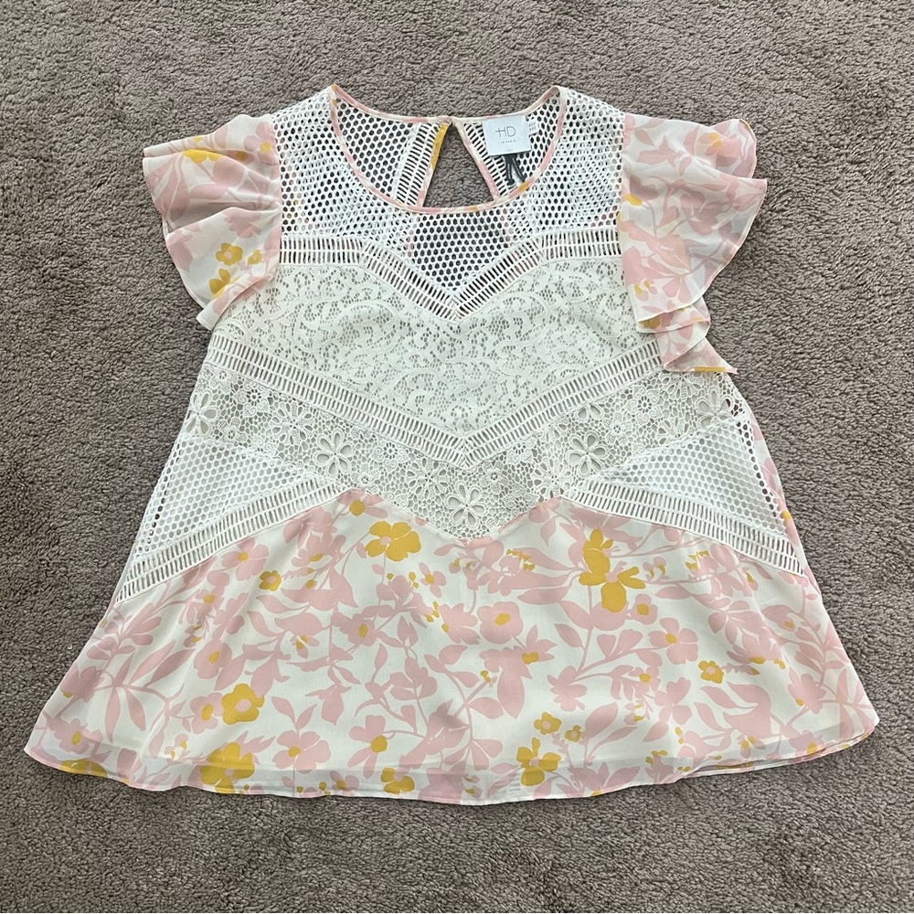 Anthropologie HD IN PARIS Lace Floral Embroidered Flutter Sleeve Blouse Shirt